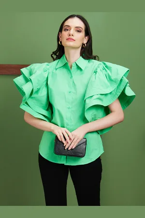 Globus Green Shirt Style Cotton Flared Sleeves Top