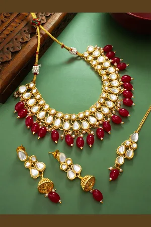 Aadita Gold-Plated Stone-Studded & Beaded Jewellery Set