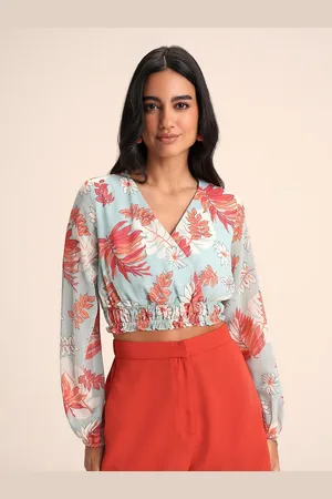20Dresses Blue Floral Printed V-Neck Puff Sleeves Gathered Georgette Wrap Crop Top