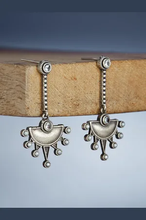 ATIBELLE German Silver Plated Stone-Studded Floral Shaped Drop Earrings