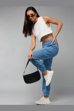 DOLCE CRUDO Women Blue High-Rise Mom Fit Light Weight Stretchable Denim Joggers