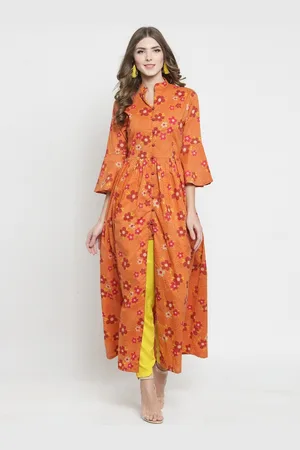 Sera Women Orange & Pink Floral Printed Bell Sleeves Floral Kurta