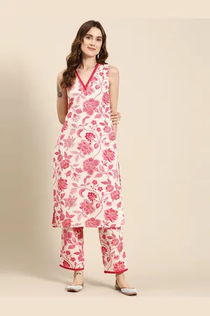 anayna Floral Printed Cotton Linen Blend Kurta with Trousers