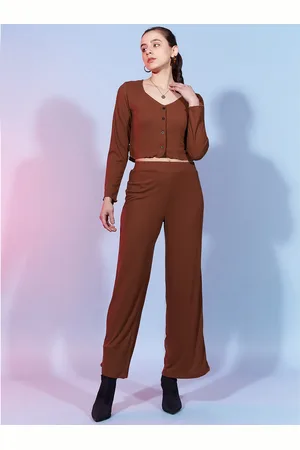 DressBerry Brown Sweetheart Neck Ribbed Top & Trouser Co-Ord Set