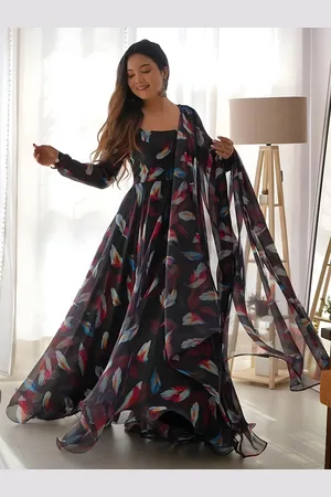 Kalini Tropical Printed Georgette Anarkali Maxi Ethnic Dress with Dupatta