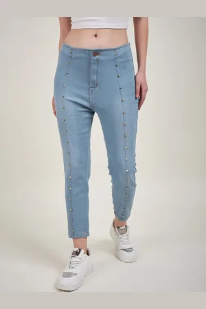 KASSUALLY Women Slim Fit High-Rise Light Fade Studded Pure Cotton Jeans