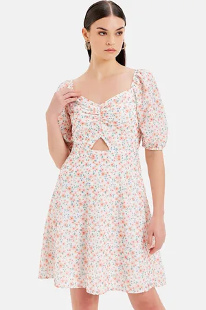 Kazo Floral Printed Sweetheart Neck Puff Sleeve Fit & Flare Casual Dress