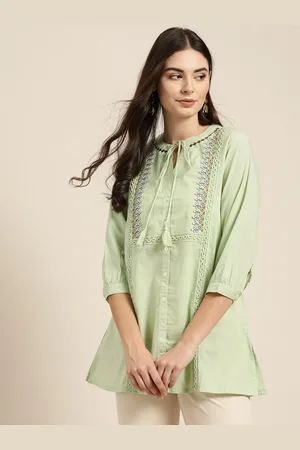 Sangria Women Green Embroidered Detail Tie-up Neck A-Line Top