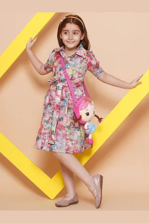 BAESD Girls Shirt Collar Floral Printed Fit & Flare Dress