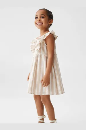 MANGO Girls Striped Ruffled Detail A-Line Mini Dress
