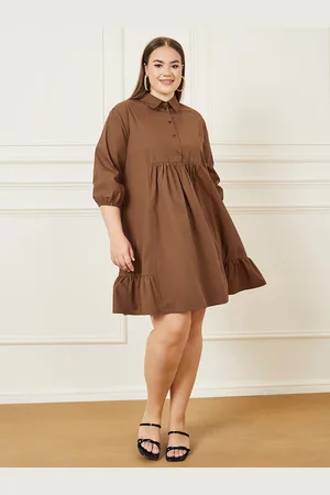 Styli Plus Size Shirt Collar Puff Sleeves Pleated Shirt Dress
