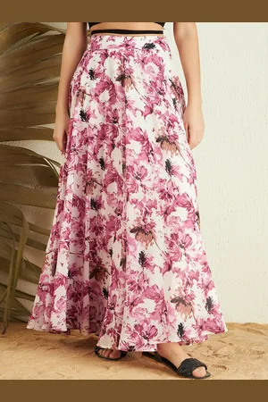 Berrylush Pink Floral Printed High Rise A-Line Flared Maxi Skirt
