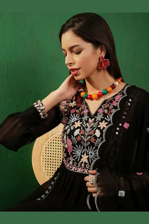 Sangria V Neck Floral Embroidered A Line Kurta with Palazzos & Dupatta