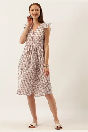 Taavi Women White & Pink Sanganeri Block Print Gathered A-Line Dress with Flutter Sleeves