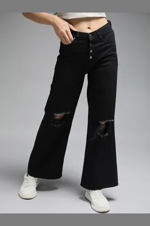 High Star Women Wide Leg High-Rise Slash Knee Cotton Jeans