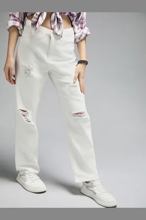 High Star Women Straight Fit High-Rise Mildly Distressed Cotton Jeans