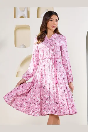 Styli Floral Printed Mandarin Collar Flared Fit & Flare Dress