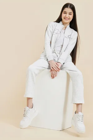 Sweet Dreams Girls Grey Melange & Beige Printed Tracksuit