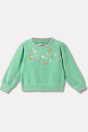 Elle Girls Green Floral Embroidered Round Neck Pure Cotton Pullover