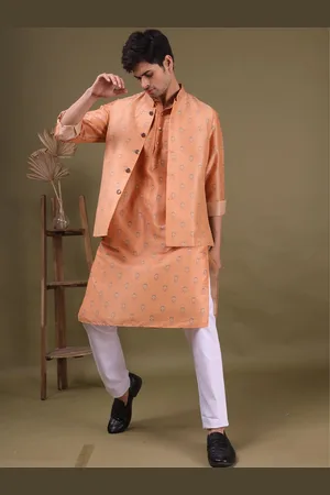 SHIWAM ETHNIX Ethnic Motifs Printed Mandarin Collar Straight Kurta With Pyjamas & Jacket