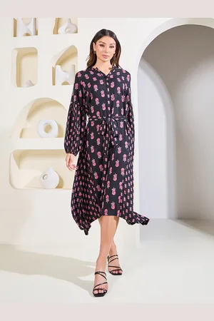 Styli Floral Print Mandarin Collar Long Cuffed Sleeves A-Line Midi Dress
