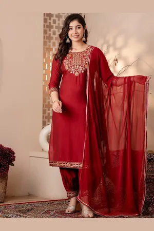 CKM Floral Embroidered Dupion Silk Kurta with Harem Pants & With Dupatta