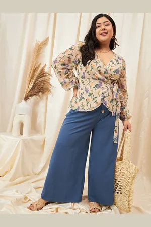 Berrylush Plus Size Floral Printed Puff Sleeves Georgette Wrap Top