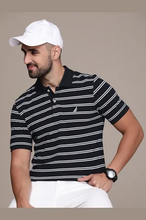Nautica Men Navy Blue & White Striped Polo Collar Pure Cotton T-shirt