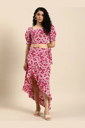 anayna Printed Pure Cotton Puff Sleeves Top With Ruffled Wrap Skirt