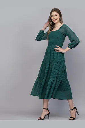 Aayu Printed Square Neck Puff Sleeve Georgette Fit & Flare Midi Dress