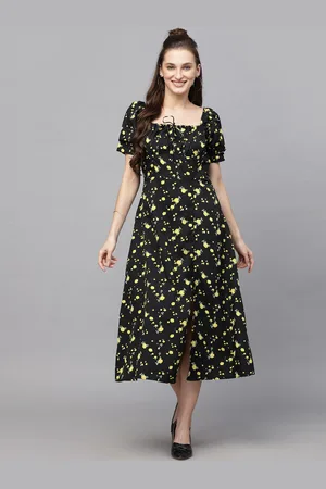 Aayu Square Neck Floral Printed Puff Sleeve Crepe A-Line Midi Dress