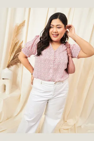 Berrylush Plus Size Floral Printed V-Neck Puff Sleeves Top