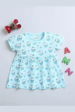 BUMZEE Girls Print Cotton Round Neck Short Sleeves Opaque Fit & Flare Dress