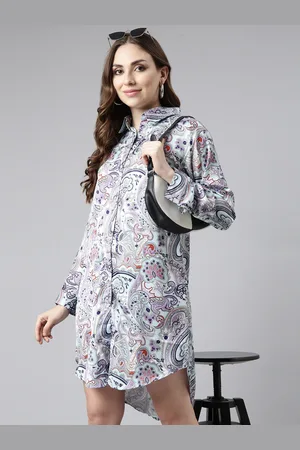 SHOWOFF Ethnic Motifs Print Satin Shirt Dress