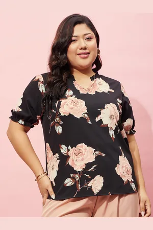 Berrylush Plus Size Floral Printed Puff Sleeves Top