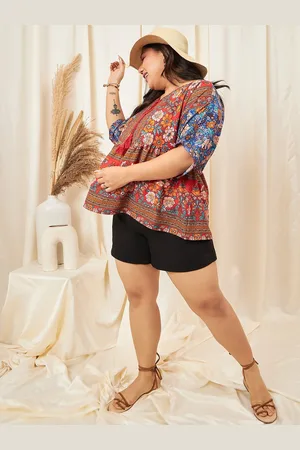 Berrylush Plus Size Blue Floral Printed Tie-Up Neck Gathered Detailed A-Line Top