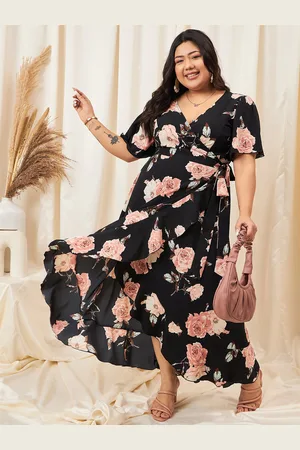Berrylush Plus Size Floral Printed Flared Sleeve Ruffled Crepe Maxi Dress