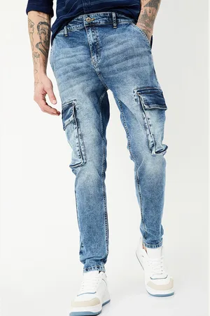 Max Collection Men Mid Rise Clean Look Heavy Fade Stretchable Cargo Jeans