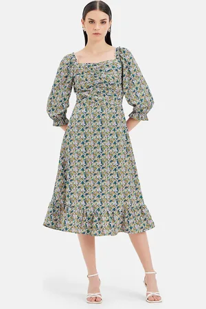 Kazo Floral Print Puff Sleeve Satin Fit & Flare Midi Dress