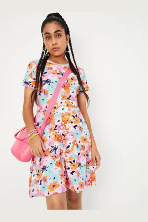 Max Collection Girls Floral Printed Round Neck Pure Cotton Fit and Flare Dress