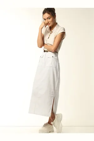VERO MODA Side Slit Linen Cotton Straight Midi Skirt
