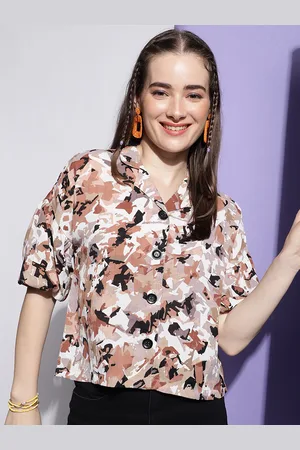 DressBerry Orange Abstract Printed Lapel Collar Crepe Shirt Style Top