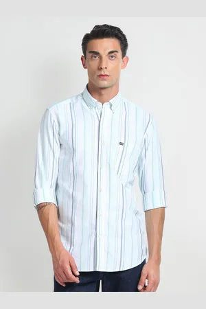 Arrow Spread Collar Long Sleeves Slim Fit Cotton Striped Casual Shirt