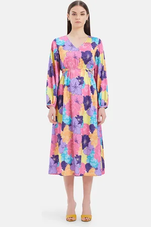 Kazo Floral Print Satin A-Line Midi Dress