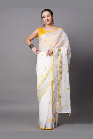 Mitera White & Yellow Geometric Embroidered Saree