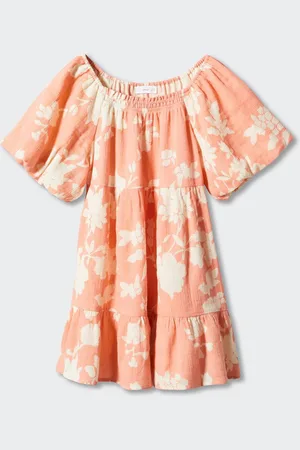 MANGO Girls Pure Cotton Floral Printed Puff Sleeves Tiered Dress