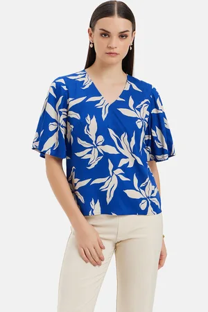 Kazo Floral Printed Flared Sleeve Satin Top
