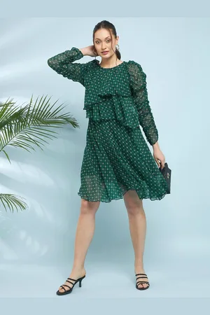 Antheaa Green Polka Dot Printed Round Neck Flared A-Line Dress