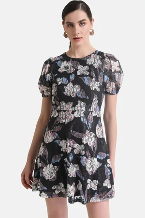 Kazo Floral Print Puff Sleeve Lace Fit & Flare Dress