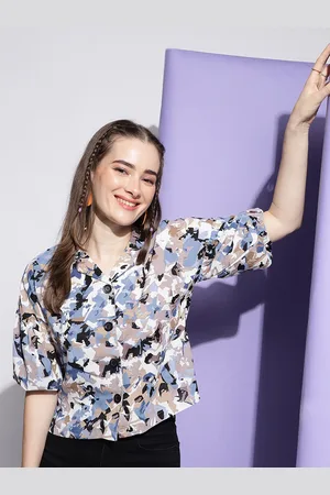 DressBerry Abstract Printed Lapel Collar Puff Sleeves Crepe Shirt Style Top